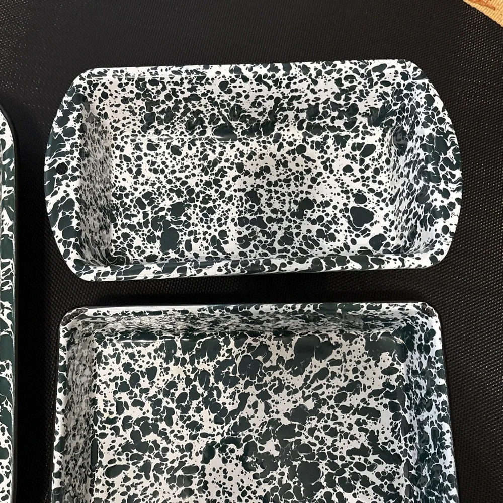 Vintage Green White Splatter Enamelware Serving Trays Set of 3 Spatterware